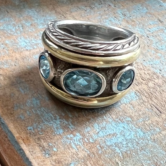 DAVID YURMAN Sterling Silver 14K Yellow Gold Blue Topaz Renaissance Ring Size 7 - Picture 2 of 10